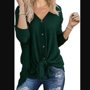 Women's Size L Spruce Green Waffle Knit Tunic Blouse Tie Front